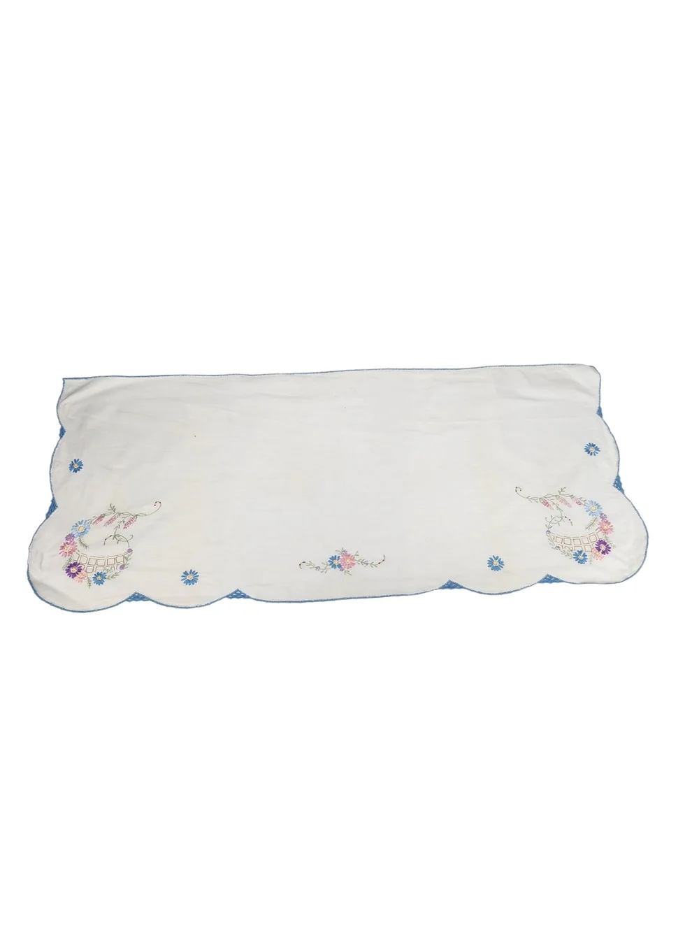 Vintage Hand Embroidered Linen Table Runner Dresser Scalloped Edge Blue Pink